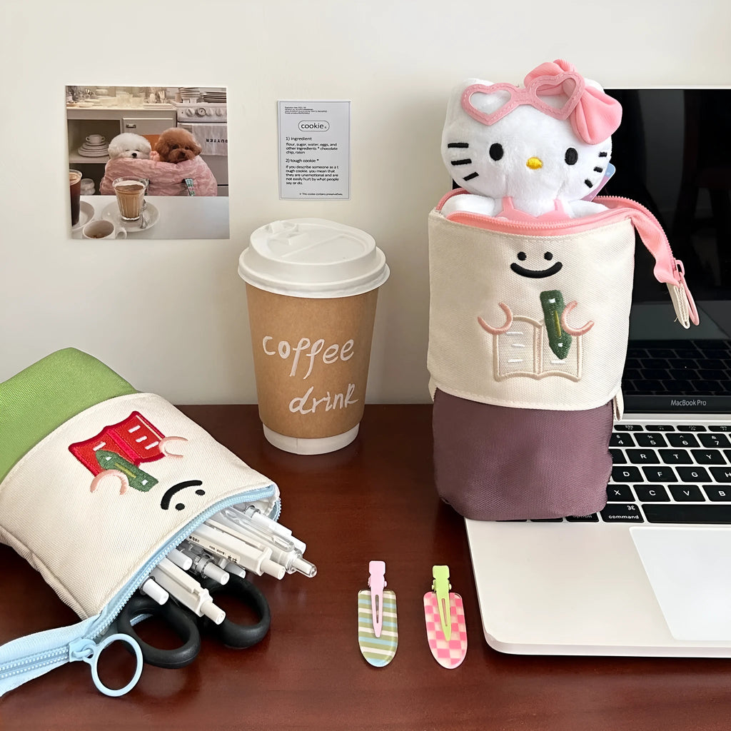 Cartoon Korean style collapsible pencil case in Oxford fabric measuring 17cm by 14cm