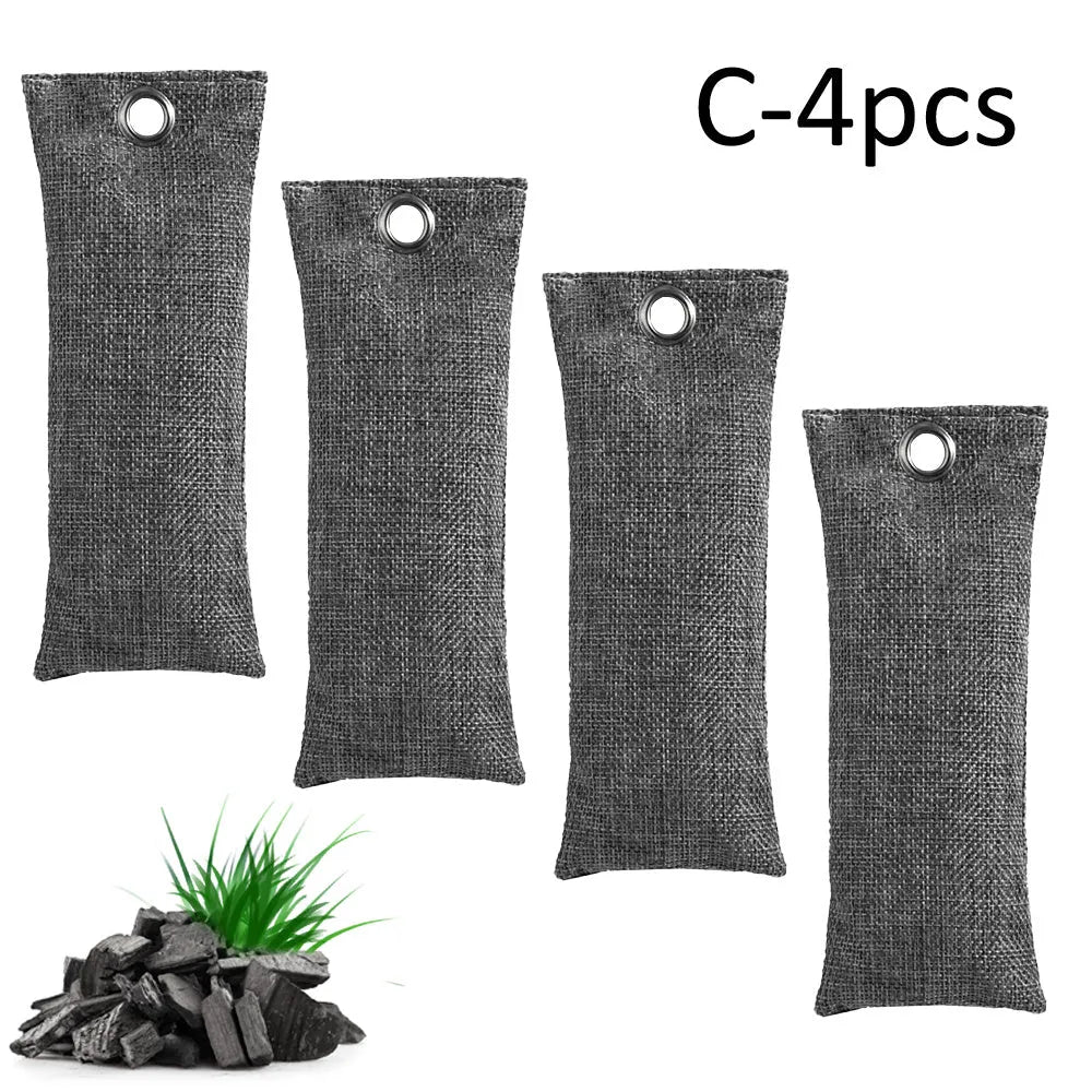 Black linen bag filled with bamboo charcoal for shoe and household odour removal.