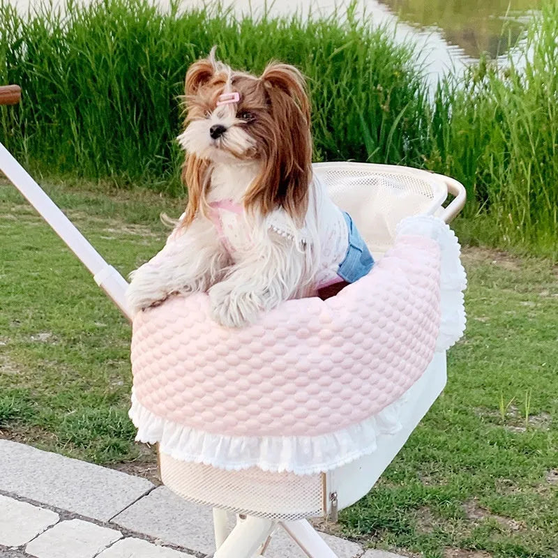 Pure cotton pet stroller pad set with removable towel, cushion, and pillow in a floral pattern.