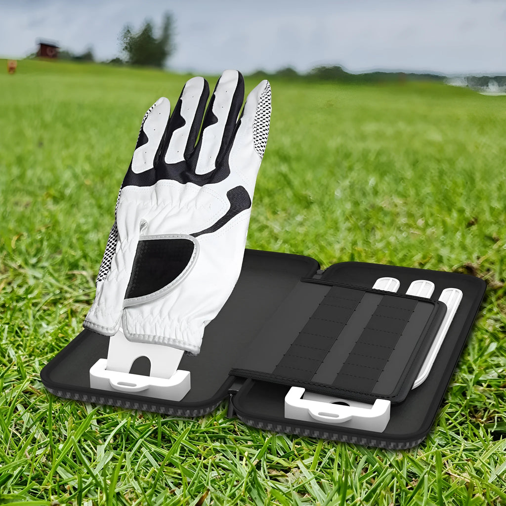 Silver grey golf glove storage bag with two mounting brackets for golf bag attachment