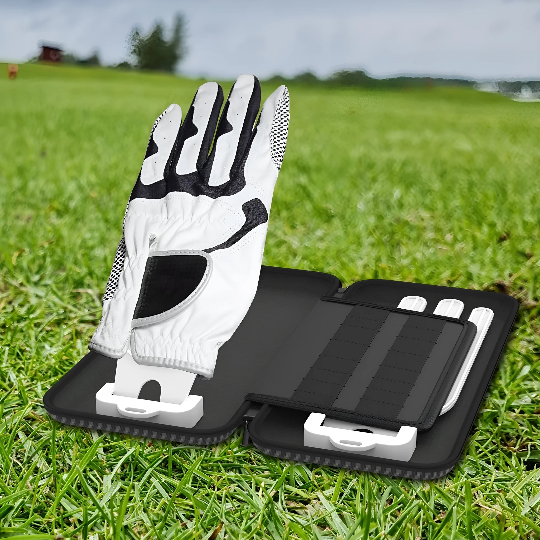 Silver grey golf glove storage bag with two mounting brackets for golf bag attachment