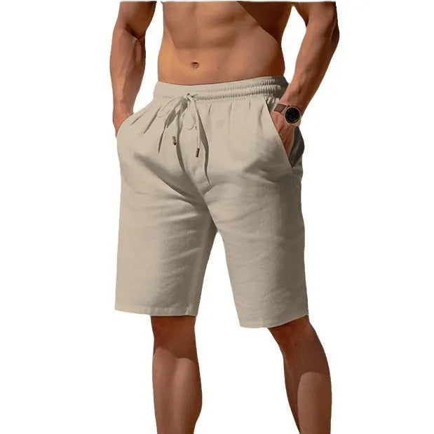 Men's cotton linen drawstring shorts with elastic waist and multiple pockets in solid colour
