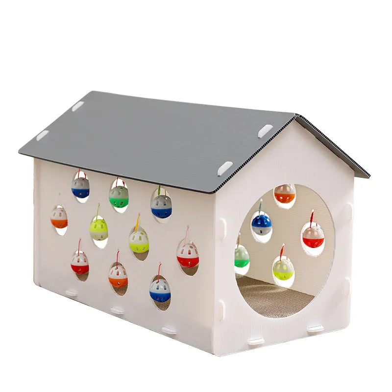 Grey and beige 3-in-1 cat activity centre with sisal scratch pad, round felt nest, and tunnel with dangling bell ball