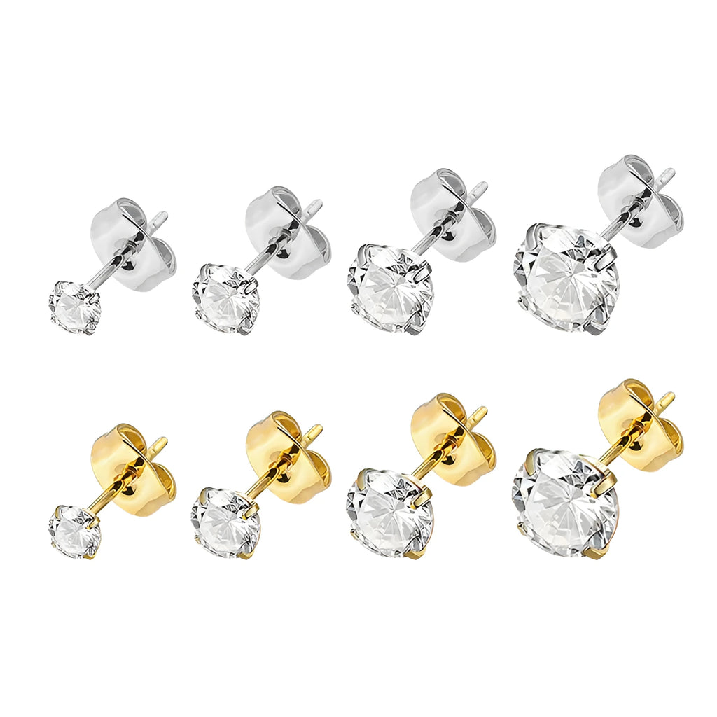 Geometric square titanium steel stud earrings with a round zirconia stone in gold tone.