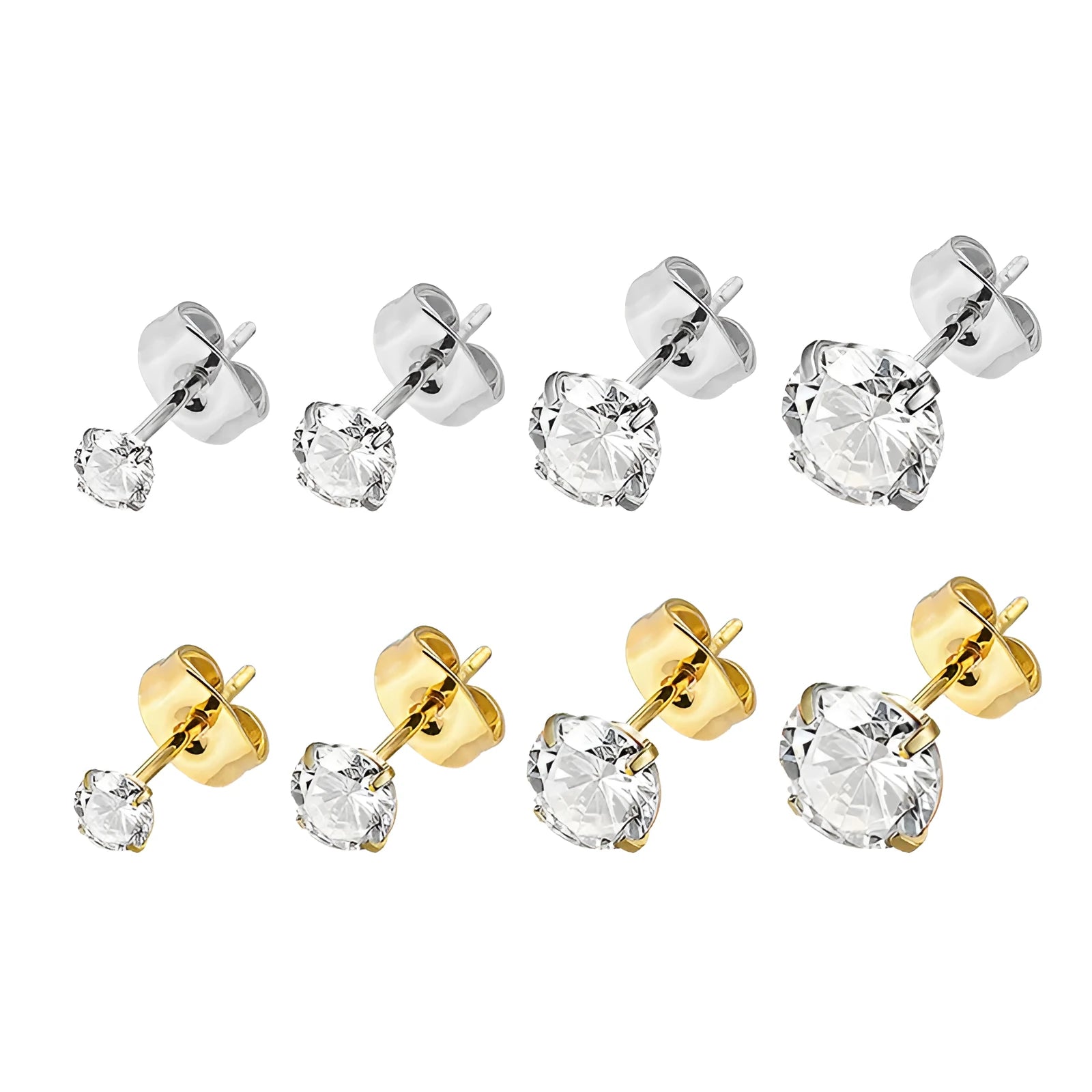 Geometric square titanium steel stud earrings with a round zirconia stone in gold tone.
