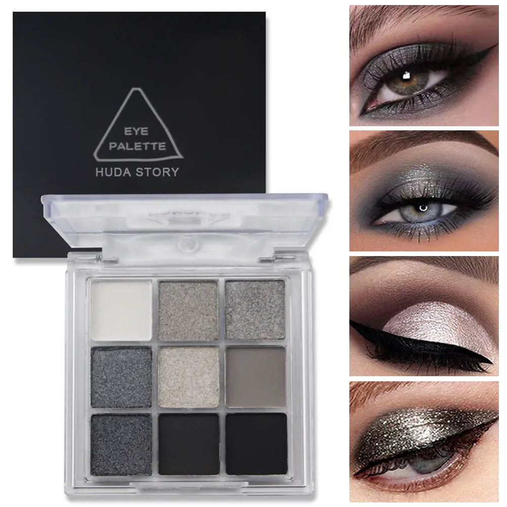 Smoked nine-colour eyeshadow palette with white, silver, black, and iron grey shades.