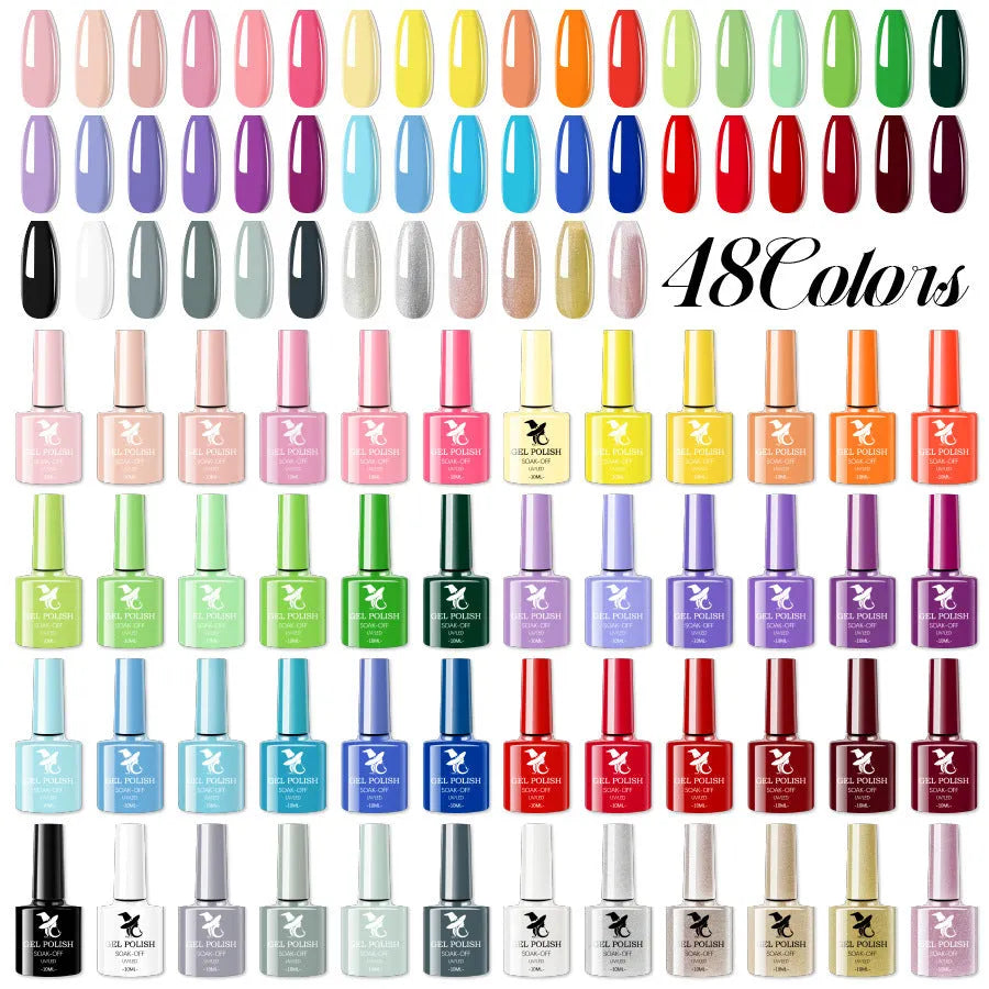 48 colour UV phototherapy plastic gel nail polish set with 7ml bottles in various finishes including glitter and nude shades