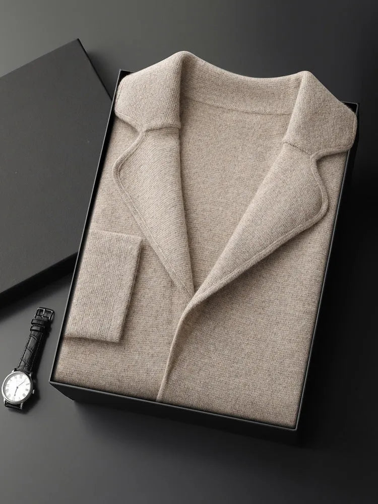 Men's cashmere lapel cardigan in light grey showing thickened knit construction and loose fit