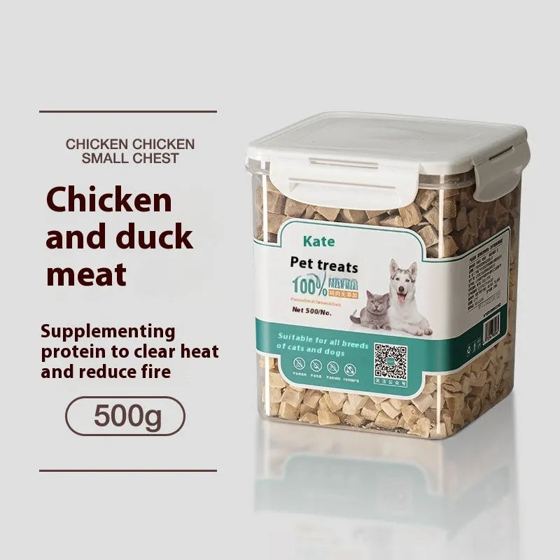 500g bag and barrel of freeze-dried chicken grain-free cat treats nuggets