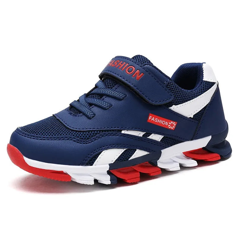 Children's cotton magic sports running shoes with Velcro fastening in grey leather surface
