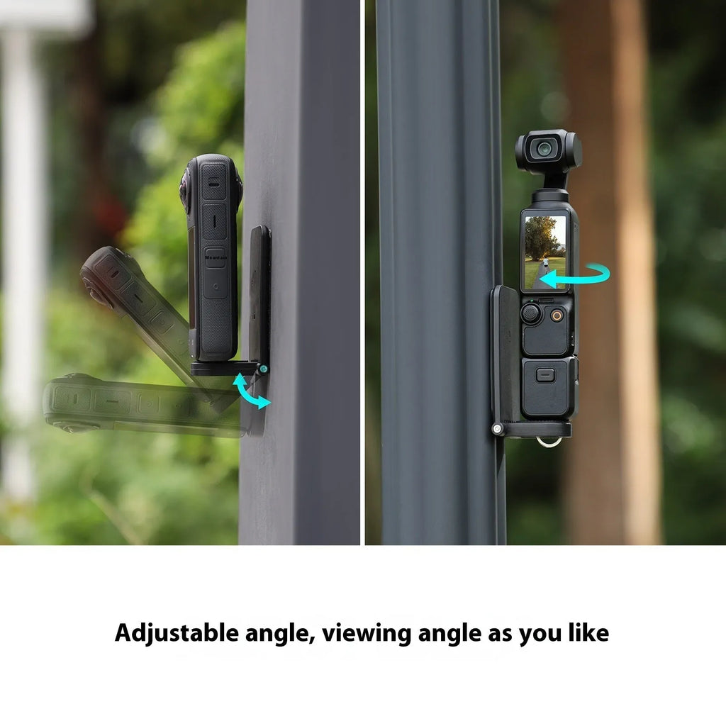 Black magnetic bracket base and handle accessory for Insta360 X4 camera on a desktop
