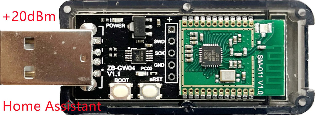 Silicon Labs EFR32MG21 Zigbee USB dongle with plastic shell for Home Assistant connectivity.