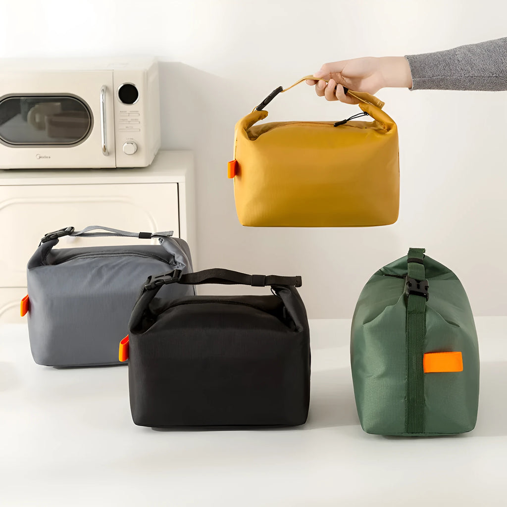 Japanese-style insulated lunch bag in Oxford cloth, shown in grey, black, yellow, and army green colours.