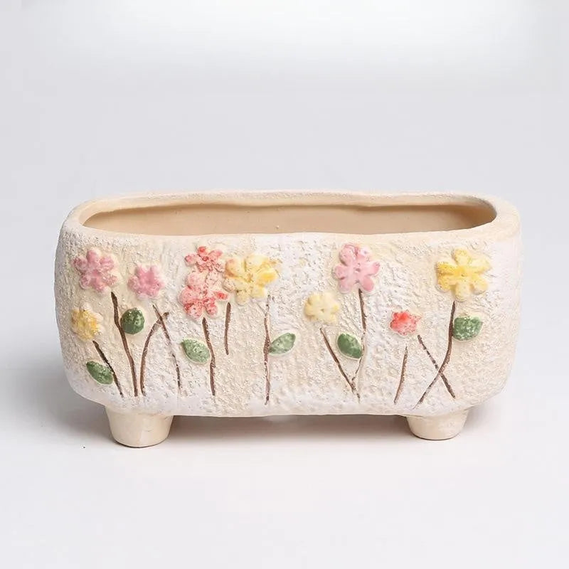 Hand-painted stoneware ceramic rectangular flower pot for small succulents, 13.7 x 6.2 x 6.5 cm