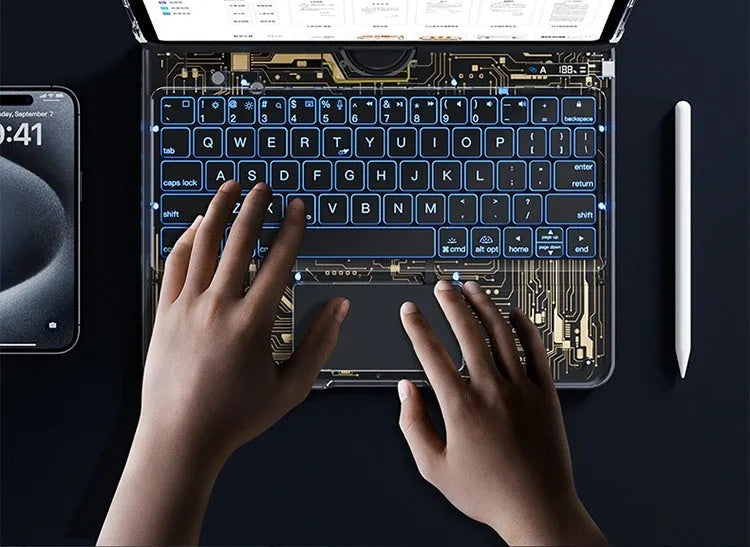 360 swivel transparent keyboard case for iPad with trackpad and telescopic pen slot