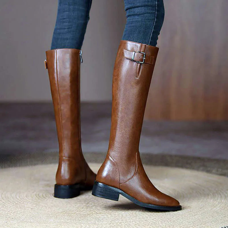 Women's knee-high boots with low chunky heel, microfiber upper, black or brown, sizes 35-40