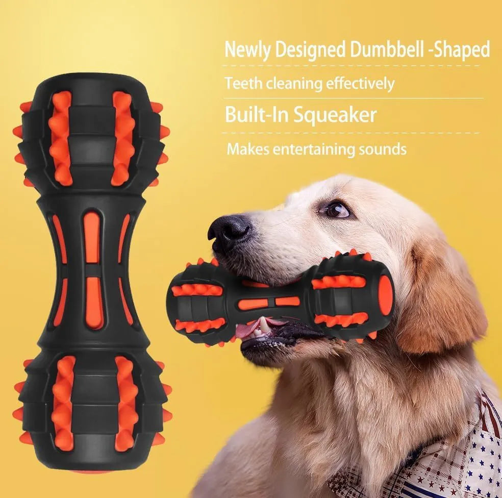 Red rubber dumbbell-shaped dog chew toy for aggressive chewers on a white background.