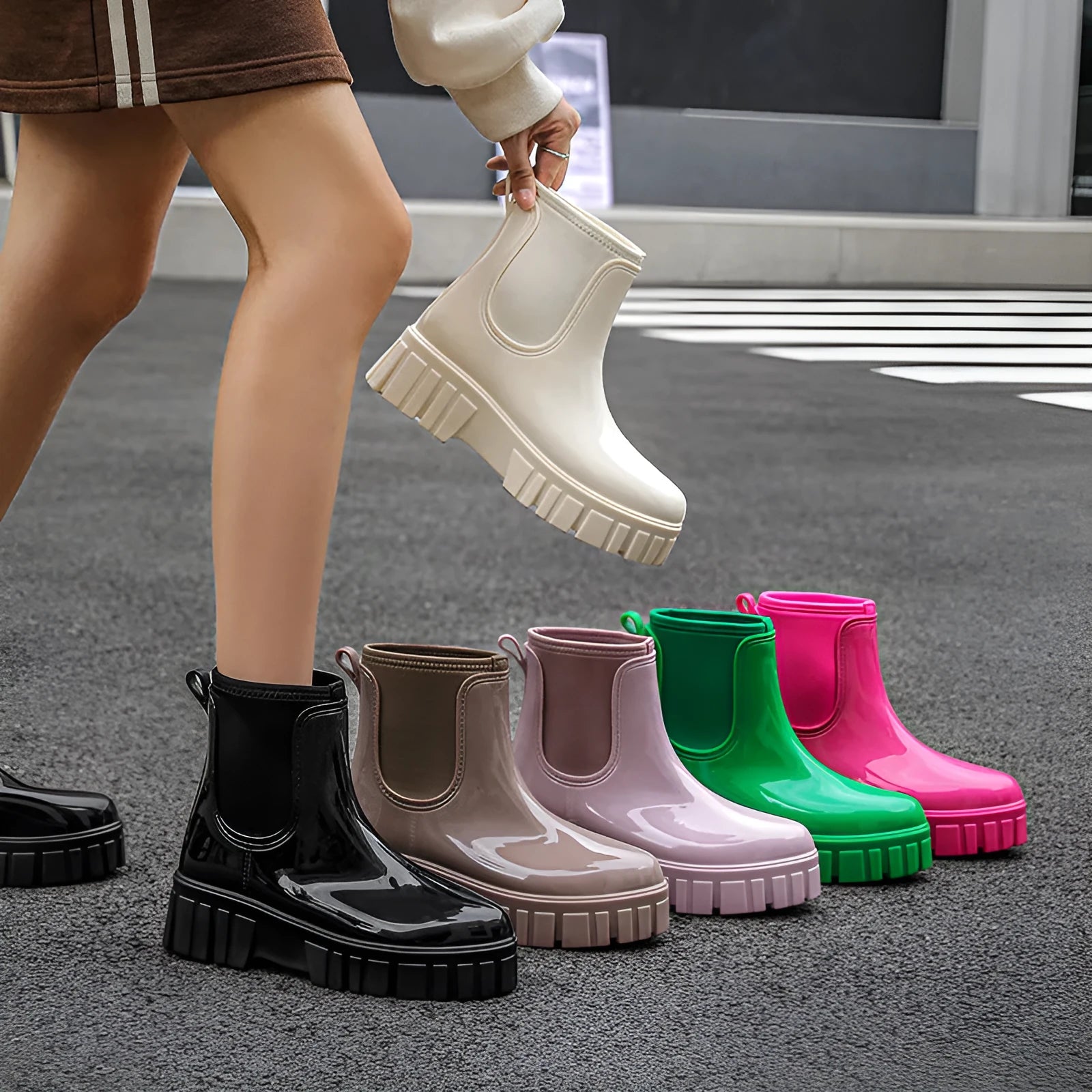 Women's low tube waterproof rain boot in apricot colour with flat heel and non-slip sole