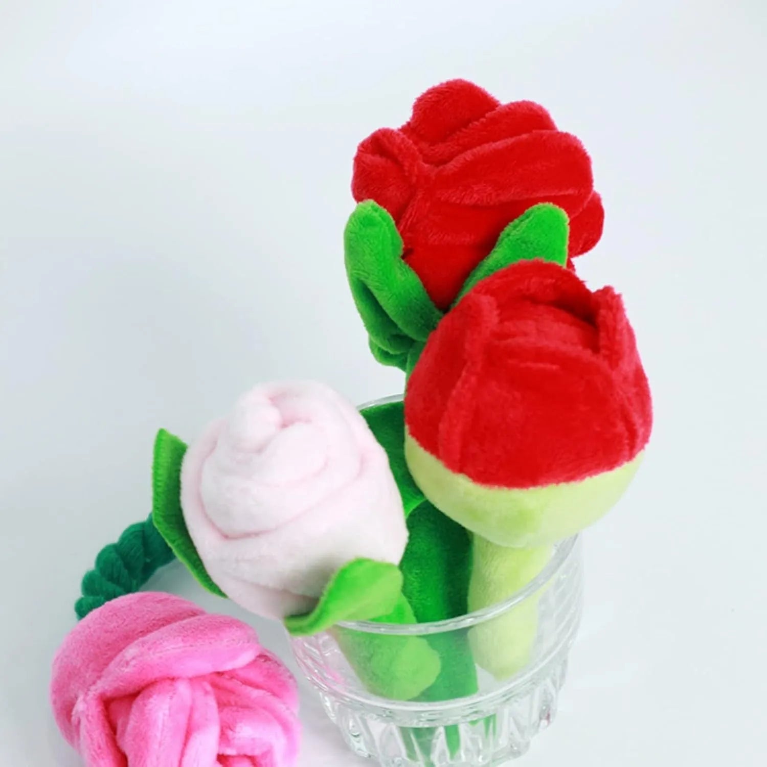 Plush rose flower dog chew toy with squeaker for small medium dogs