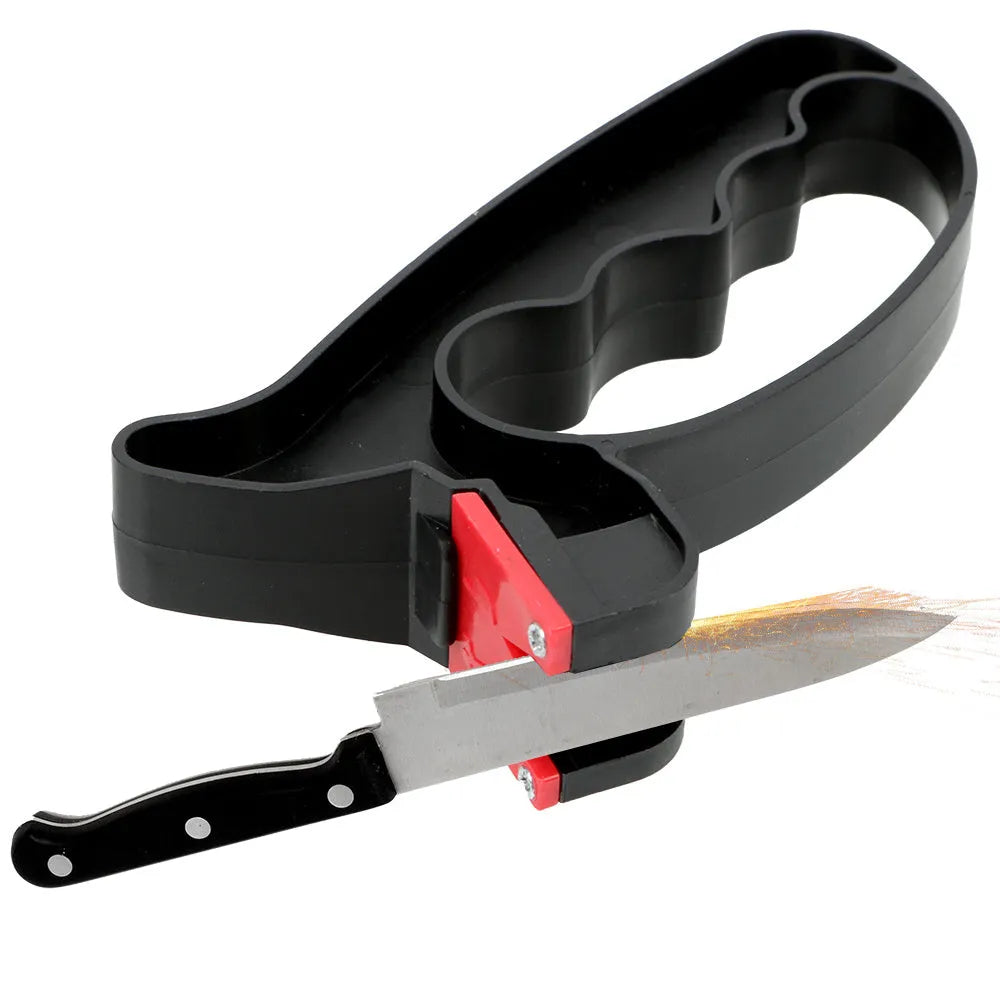 Handheld 2-in-1 black knife and scissor sharpener with tungsten steel blade on white background
