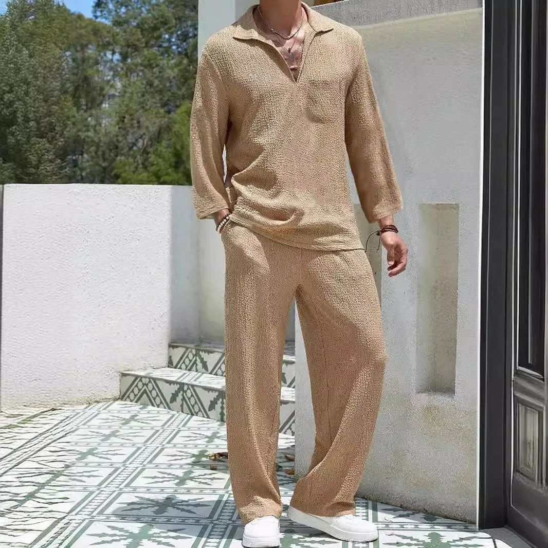Men's casual shirt trousers commuter suit set in lake blue colour