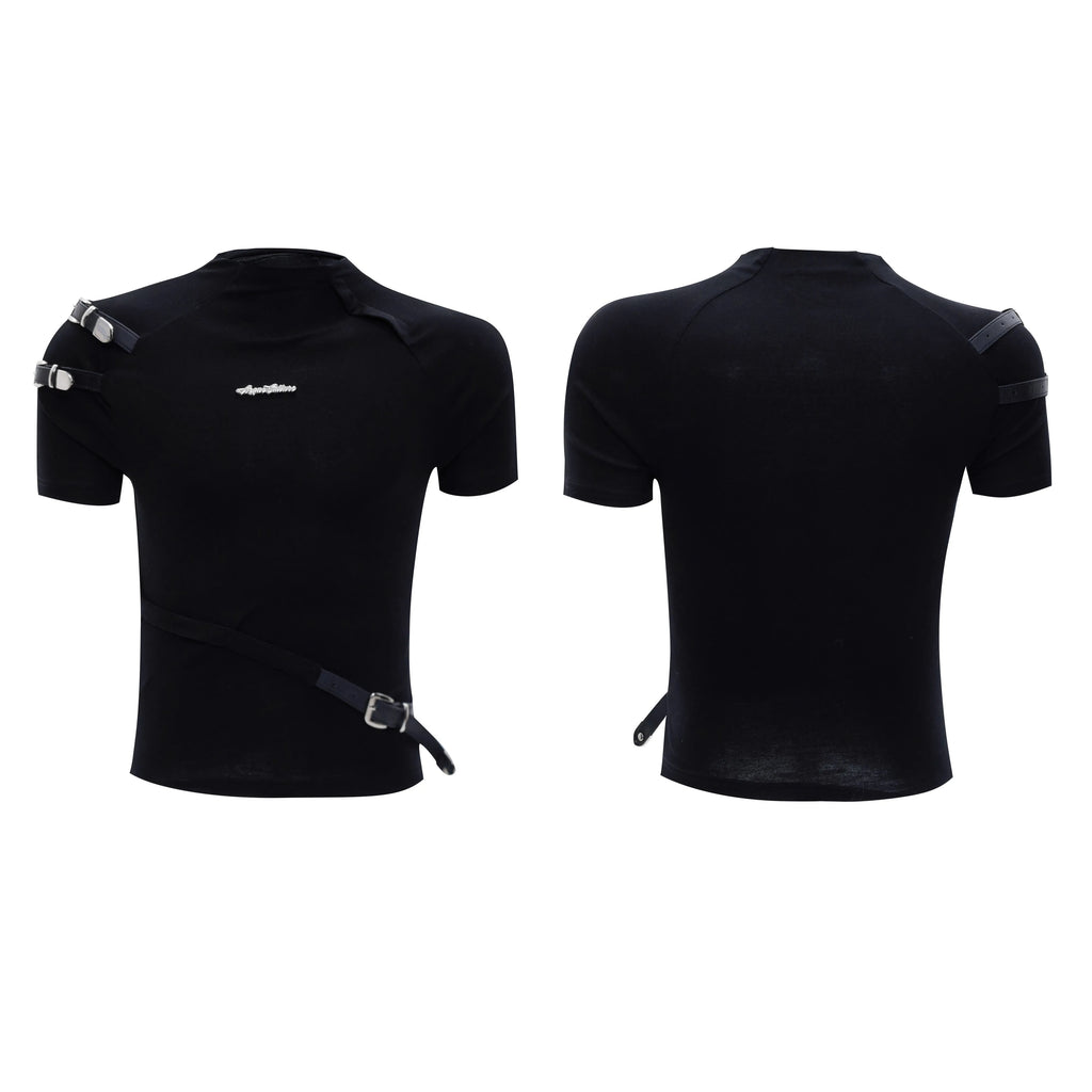 Men's cotton T-shirt with metal belt design and small stand-up collar slim fit short sleeve
