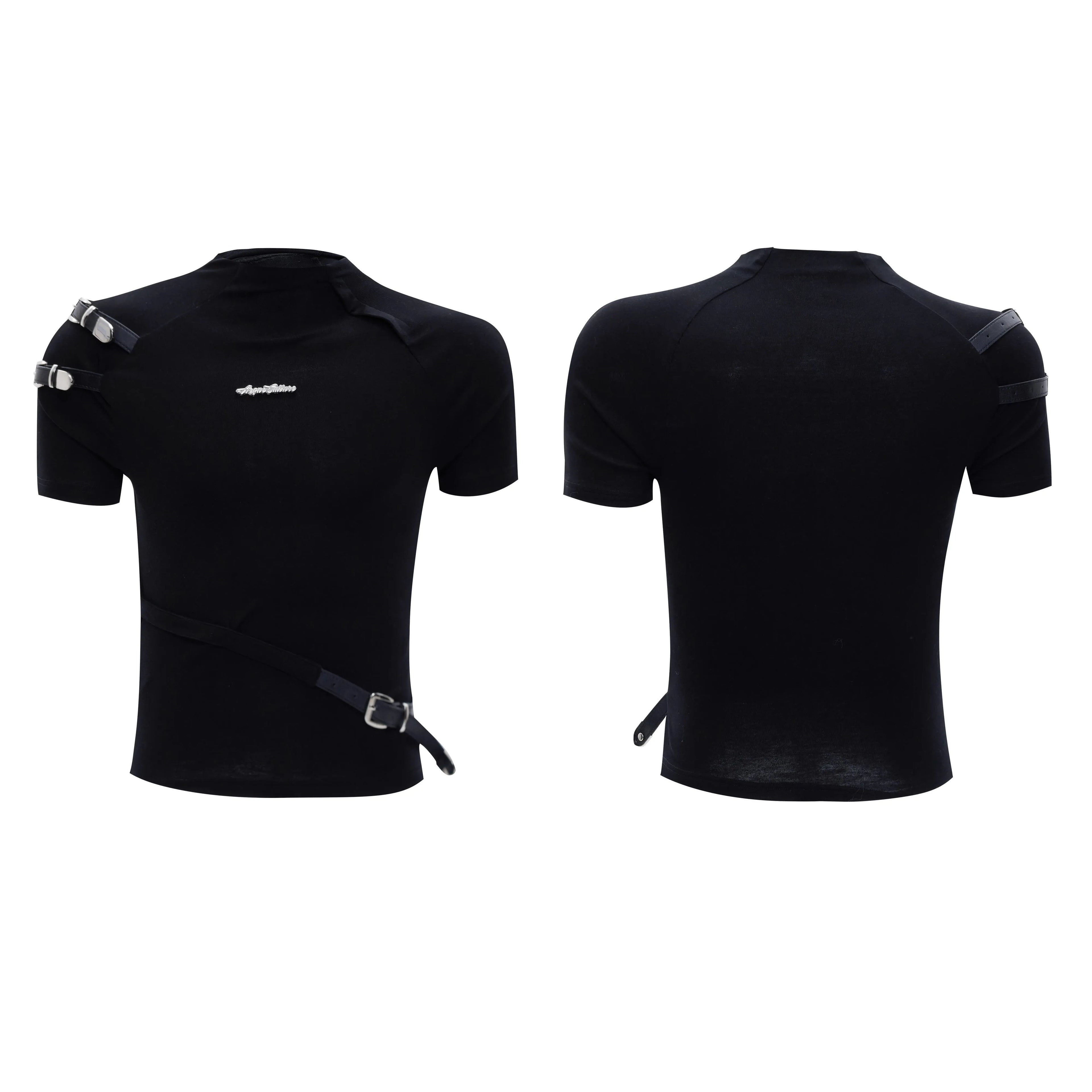 Men's cotton T-shirt with metal belt design and small stand-up collar slim fit short sleeve