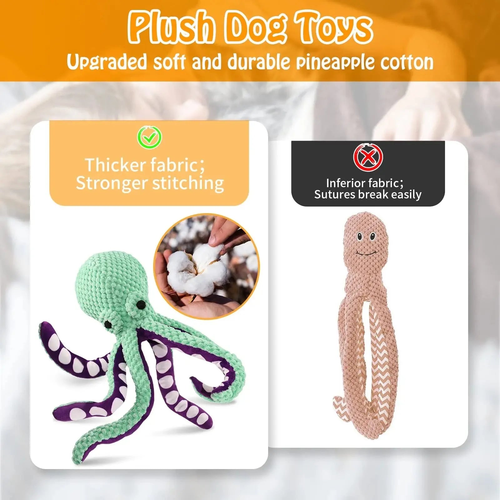 Blue plush octopus dog toy with six long legs and a squeaker, shown on a white background.