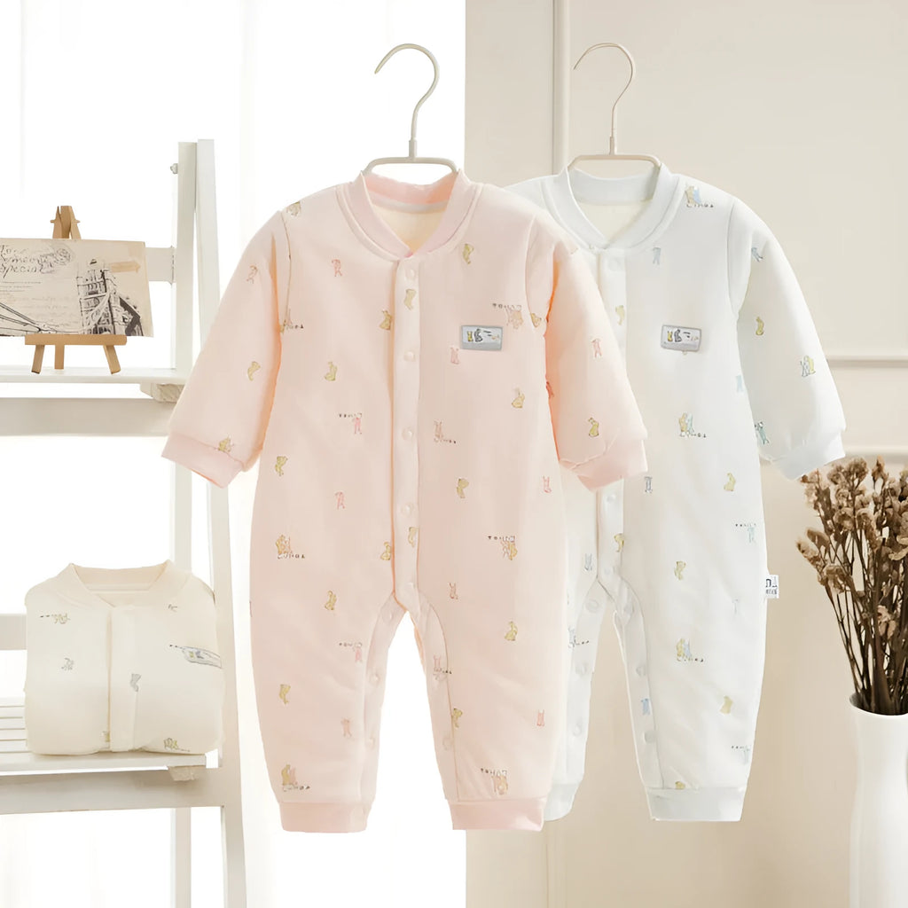 Baby quilted jumpsuit three layers warm winter long sleeve cotton cloth rabbit fur casual grow suit in bear world blue