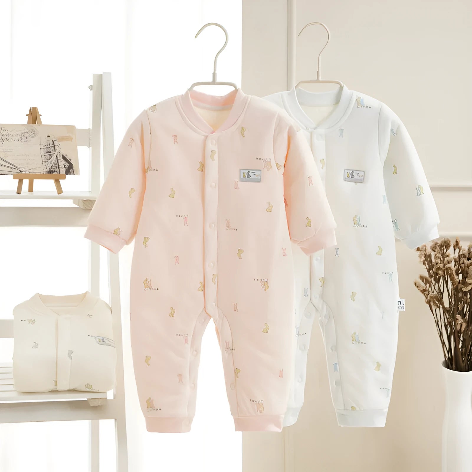 Baby quilted jumpsuit three layers warm winter long sleeve cotton cloth rabbit fur casual grow suit in bear world blue
