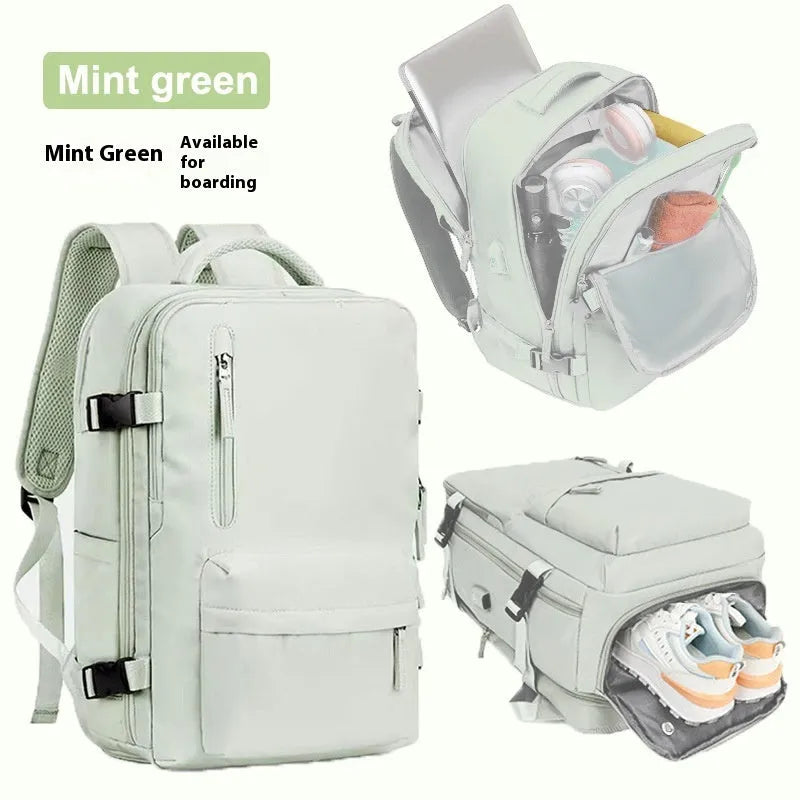 Women's large capacity lightweight Oxford cloth travel backpack in forest green colour with curved shoulder straps