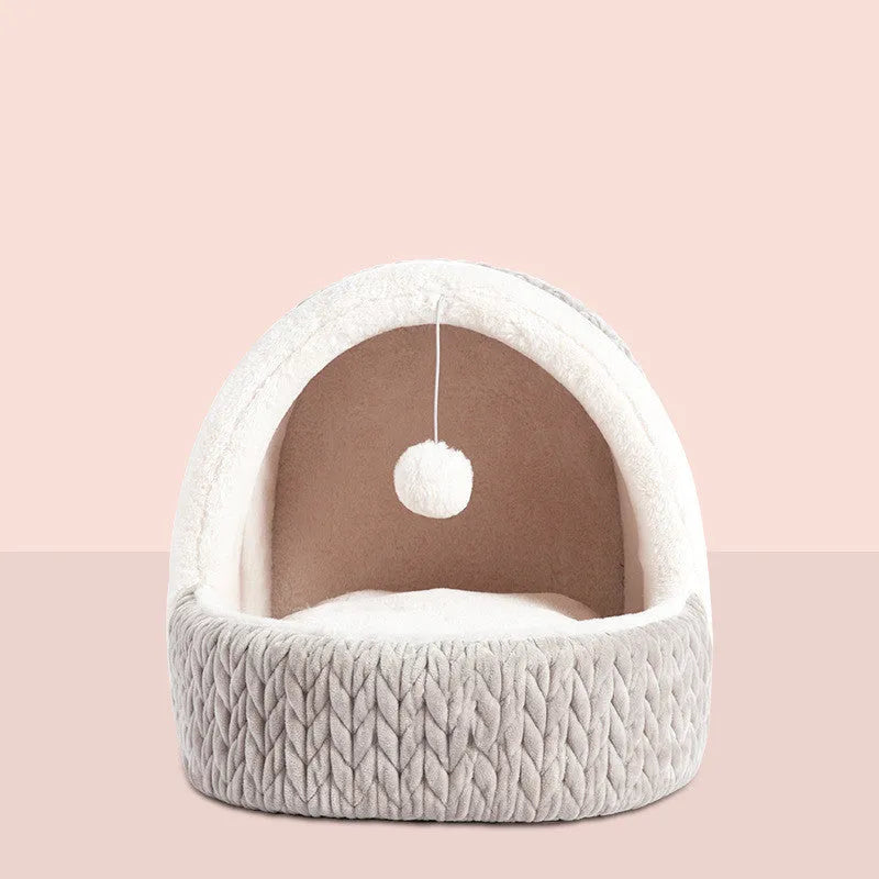 Four Seasons semi-enclosed cat bed in gray cloth for small dogs and cats