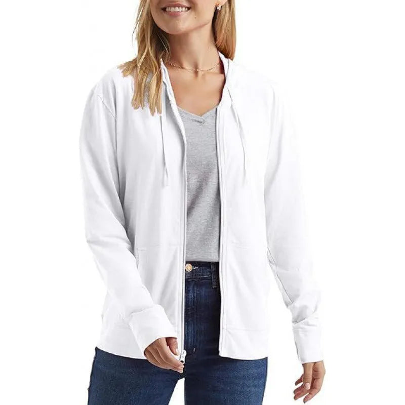 Polyester sports hoodie pullover in loose fit with long sleeves, shown in solid colour options.