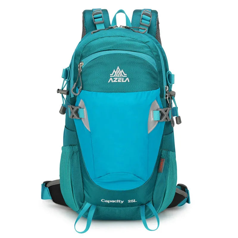 AZELA grey hiking backpack with adjustable straps on rocky trail outdoor setting