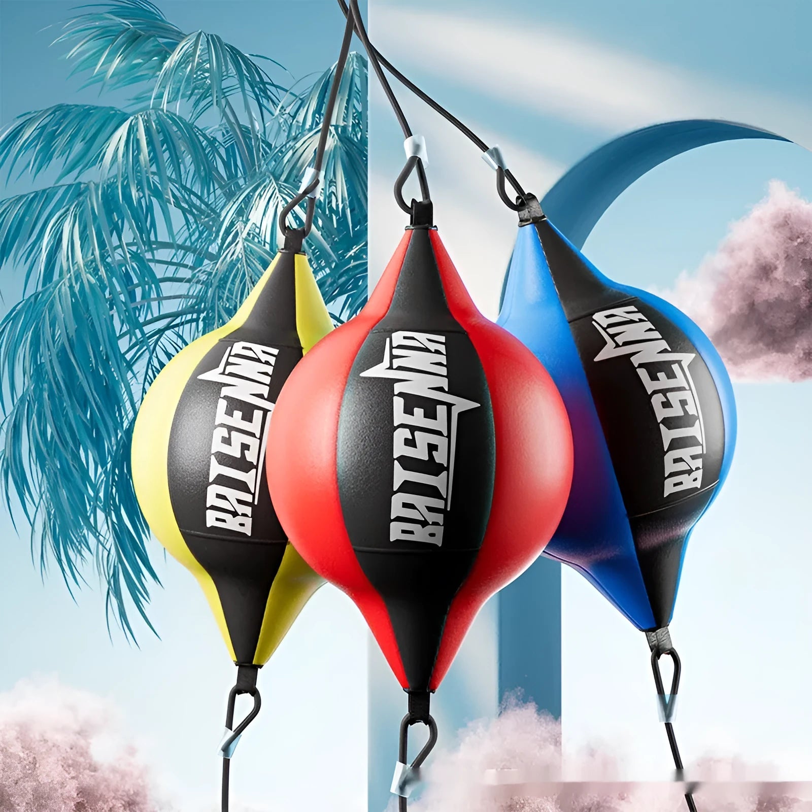 Black and red stitched PU leather hanging punching speed ball for boxing training.