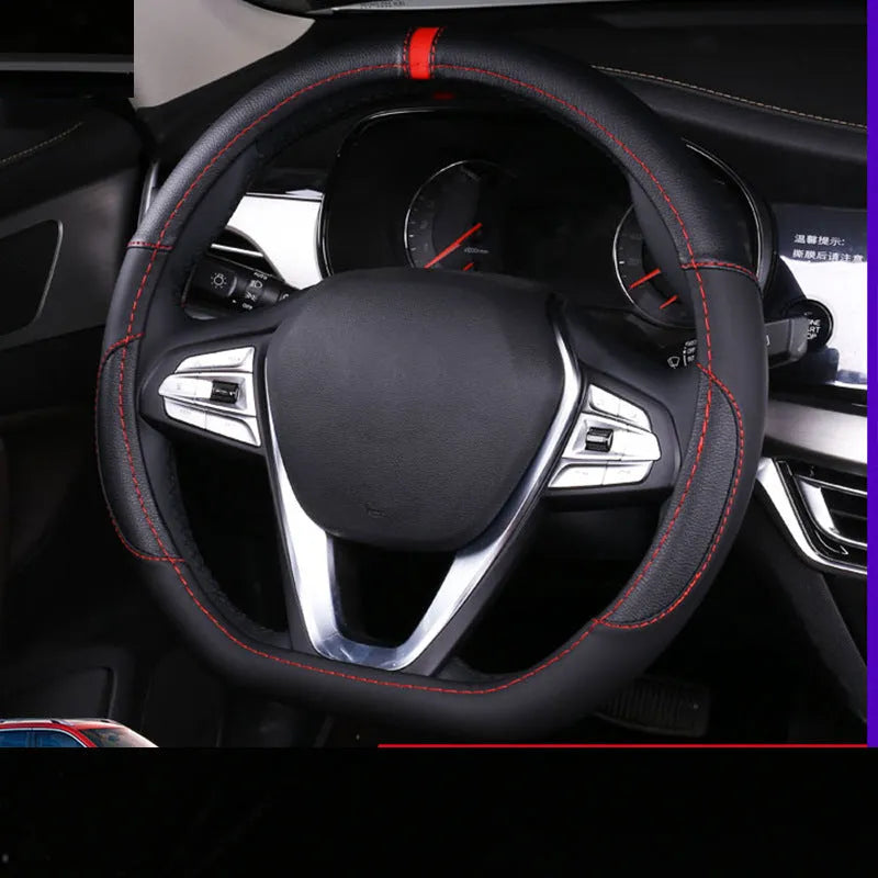 Universal leather steering wheel cover in round and D-shaped styles for 38cm wheels.