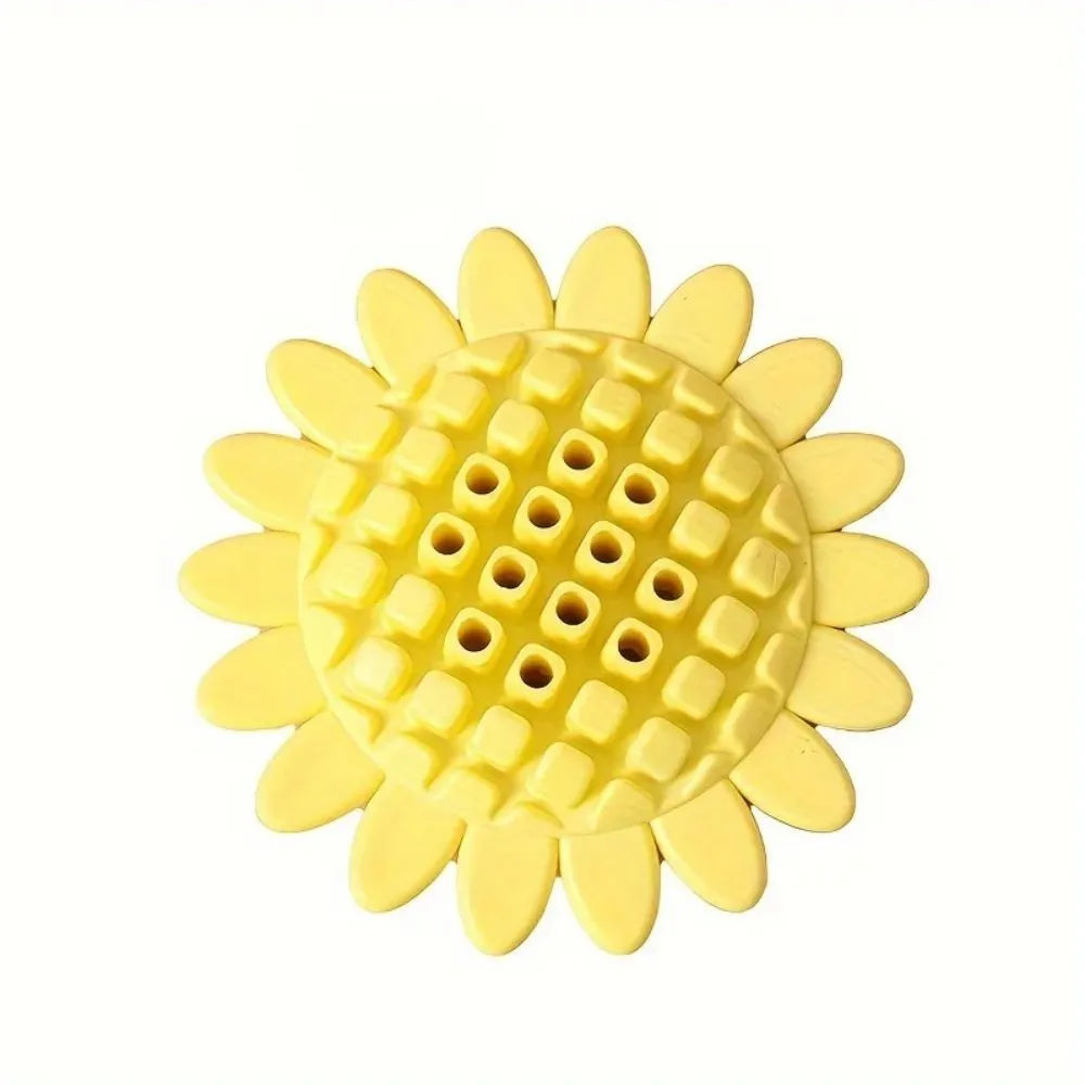 Yellow rubber sunflower-shaped dog chew toy for puppies and dogs