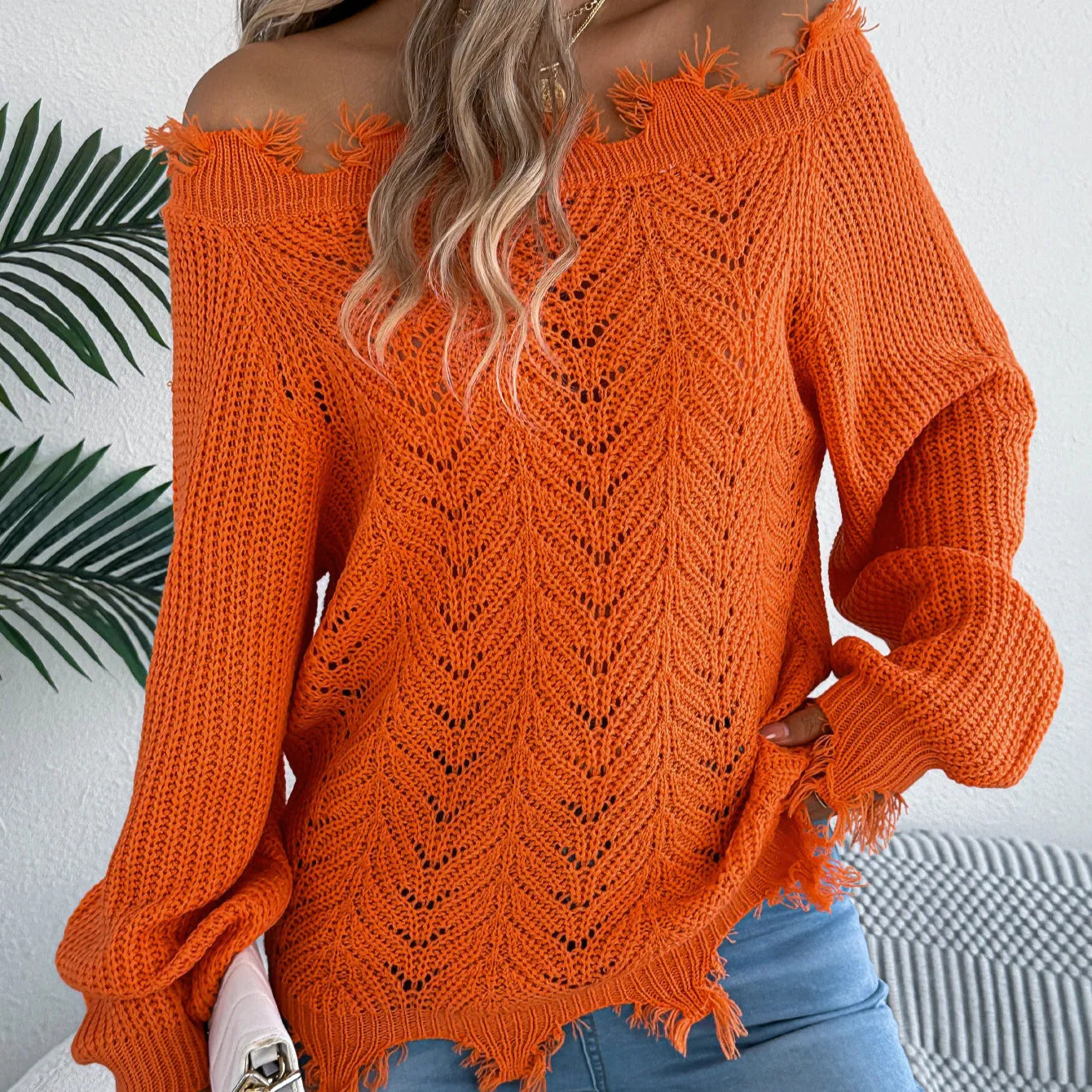 Hollow-out off-shoulder pullover sweater in artificial wool fabric, shown in black colour