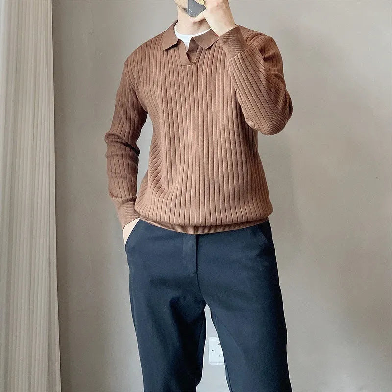 Man wearing a loose striped lapel knitted sweater in light grey, showing rabbit fur and modal blend fabric.