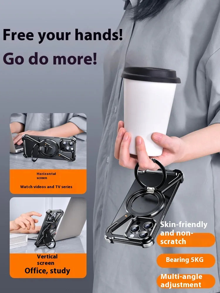 Seamless aluminium alloy phone case with hollow back and magnetic bracket for iPhone 15 Pro Max