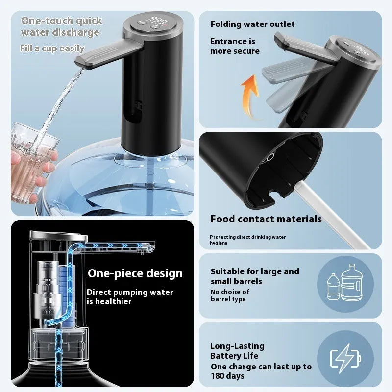 Household minimal rechargeable electric water pump in black with 4-speed button and USB port