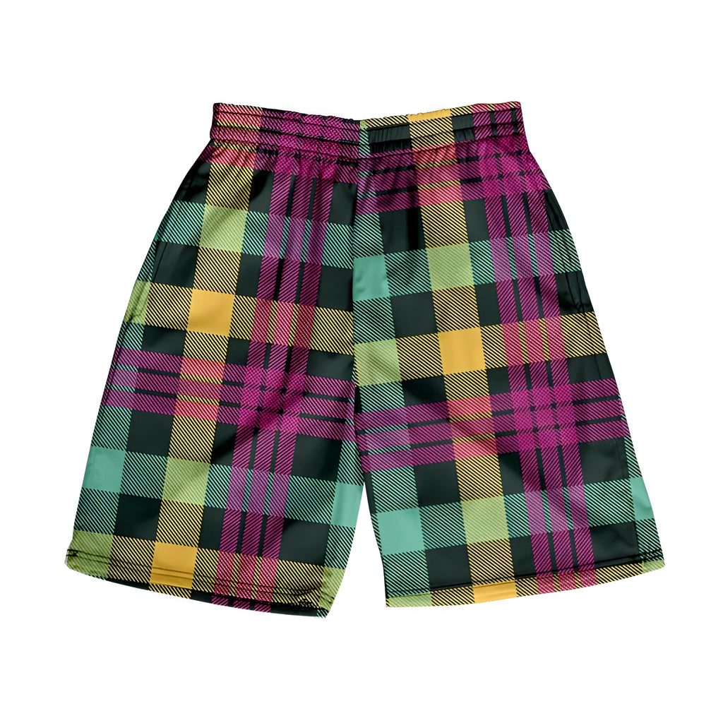 Men's plaid polyester shorts with elastic waistband in straight-leg casual style