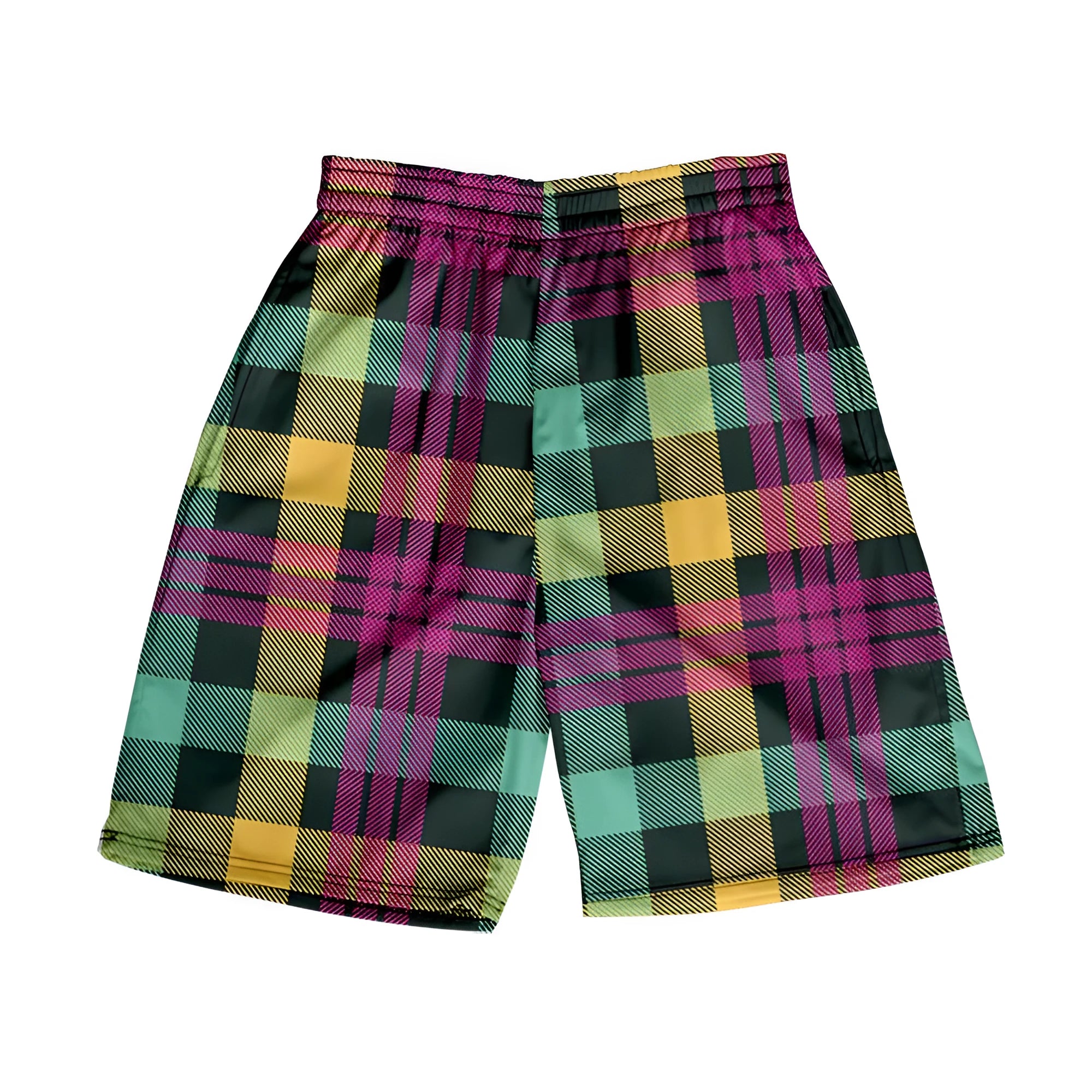 Men's plaid polyester shorts with elastic waistband in straight-leg casual style