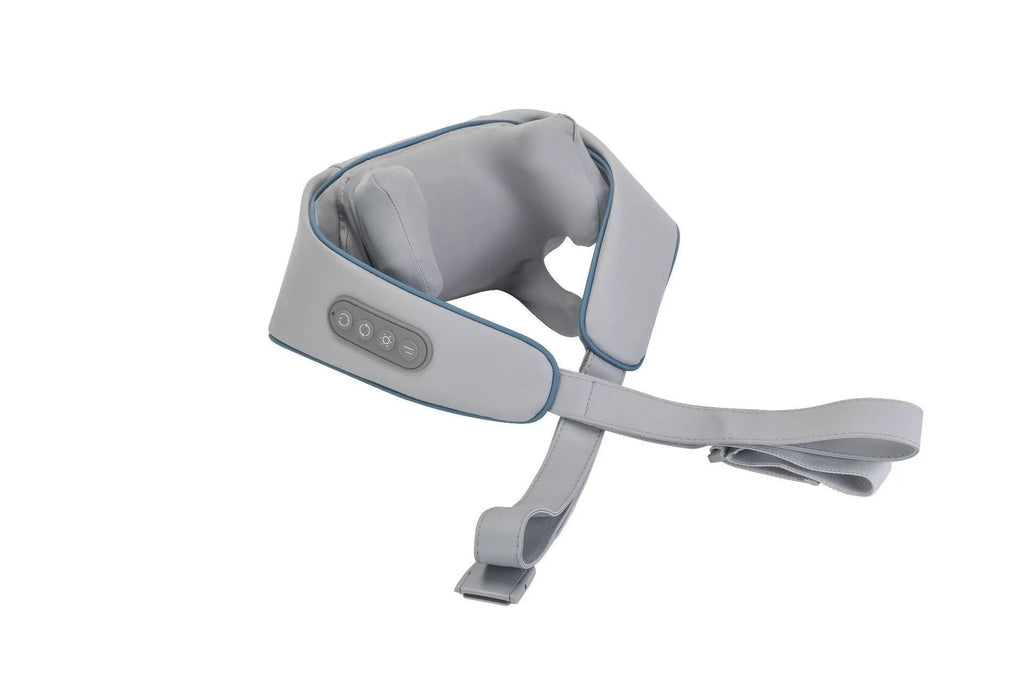 Household electric clip neck massager in beige with shawl design on person, rechargeable with PU leather