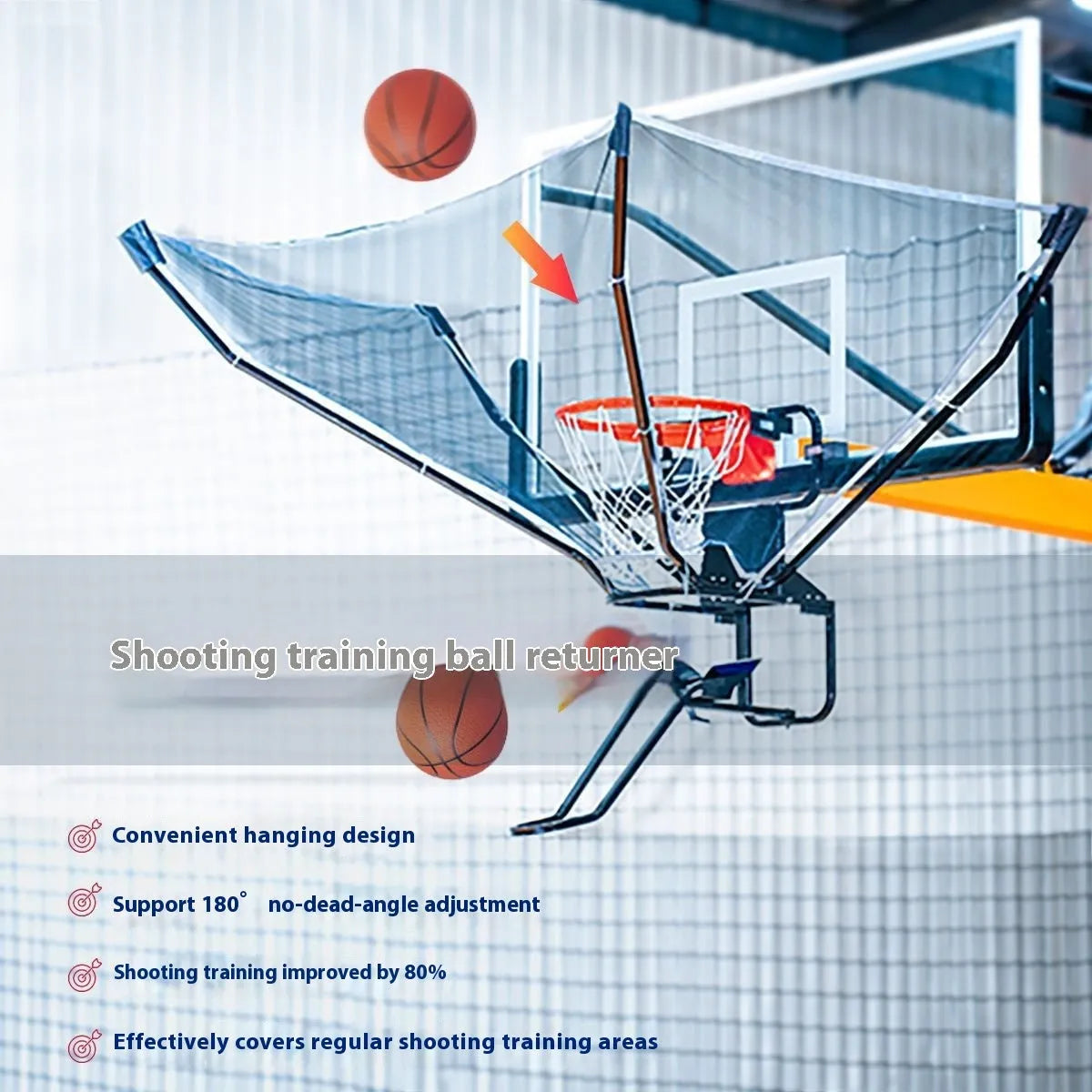 Portable automatic basketball rebound net hanging on a hoop for solo shooting practice.