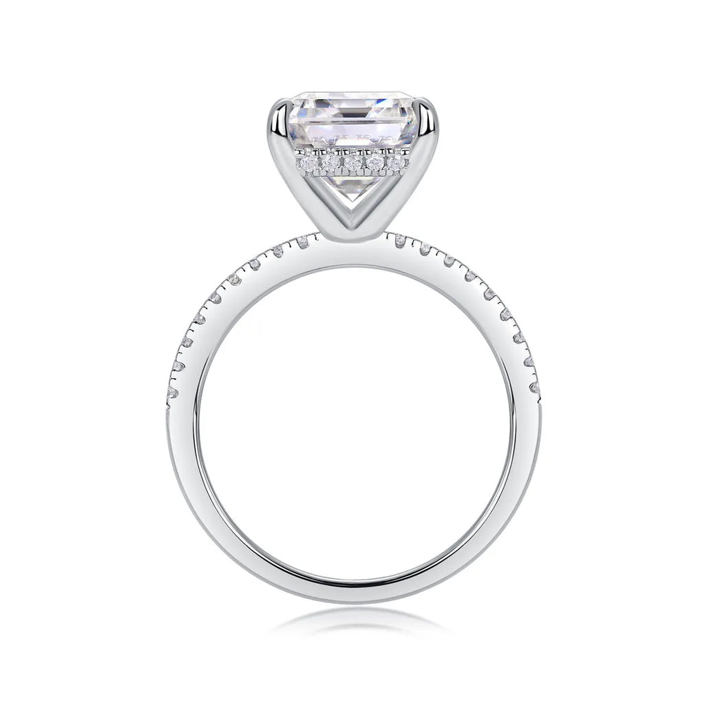 Octagonal moissanite wedding ring set on S925 silver band with platinum plating, size 7, gift box packaging
