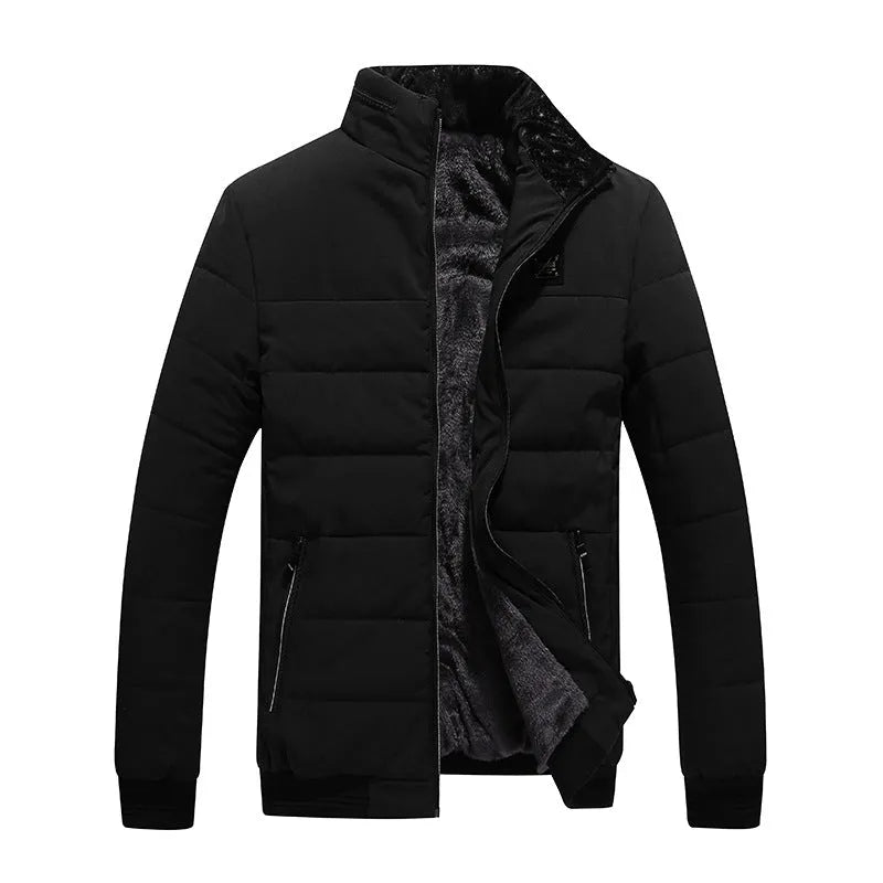 Men's winter coat Korean style fleece-lined cotton-padded jacket with zipper pockets in black, dark blue, and purplish red