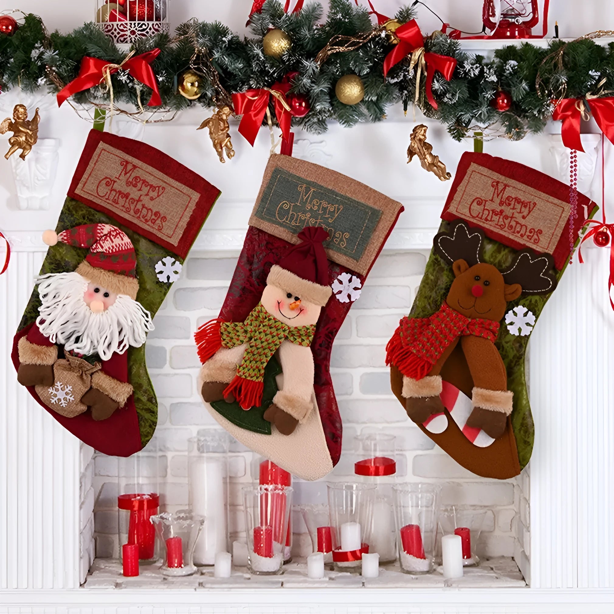 Handmade cloth Christmas stocking with 3D elk appliqué, large opening, and hanging loop.
