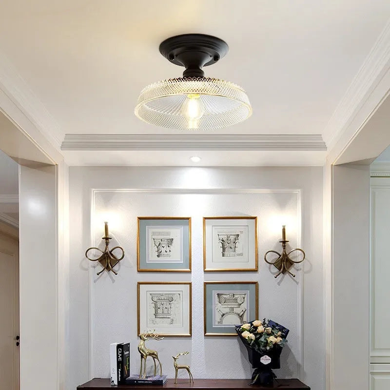 American retro single-head pendant lamp with glass cover for ceiling mounting.