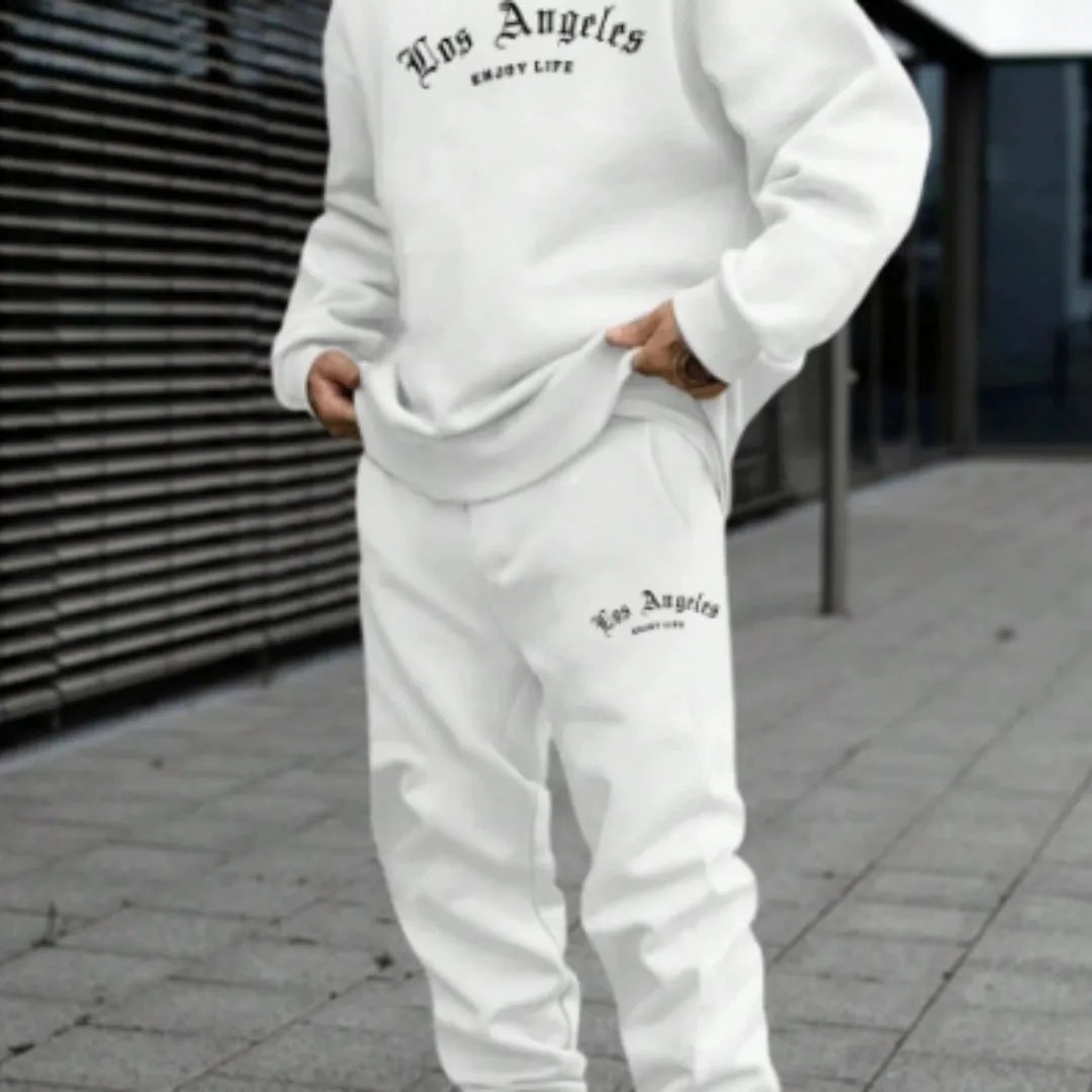 Men's grey hooded pullover and trousers leisure sports set with letter printing